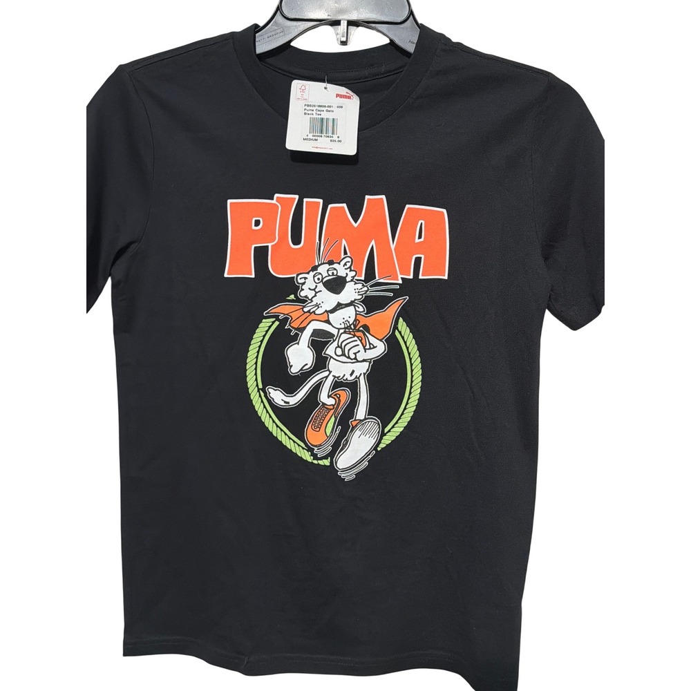 Puma Kids Cape Gato Graphic T-Shirt Black Short Sleeve Crewneck PBS2516938-001 M